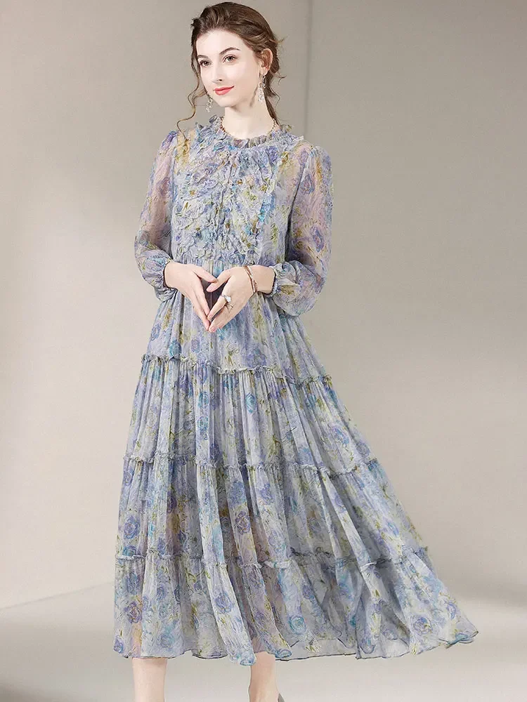 

100% Real Mulberry Silk Dress Spring 2024 New High-end Floral Dress Women Clothing Elegant Maxi Dresses For Women Vestido Zm3320