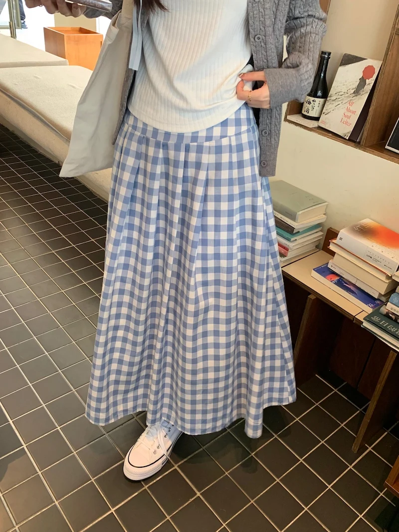 White Blue Plaid Skirt Cotton Midi Long Skirts Pleated A-line Women Summer#e-girl fairycore 2000s vintage aesthetic korean cloth