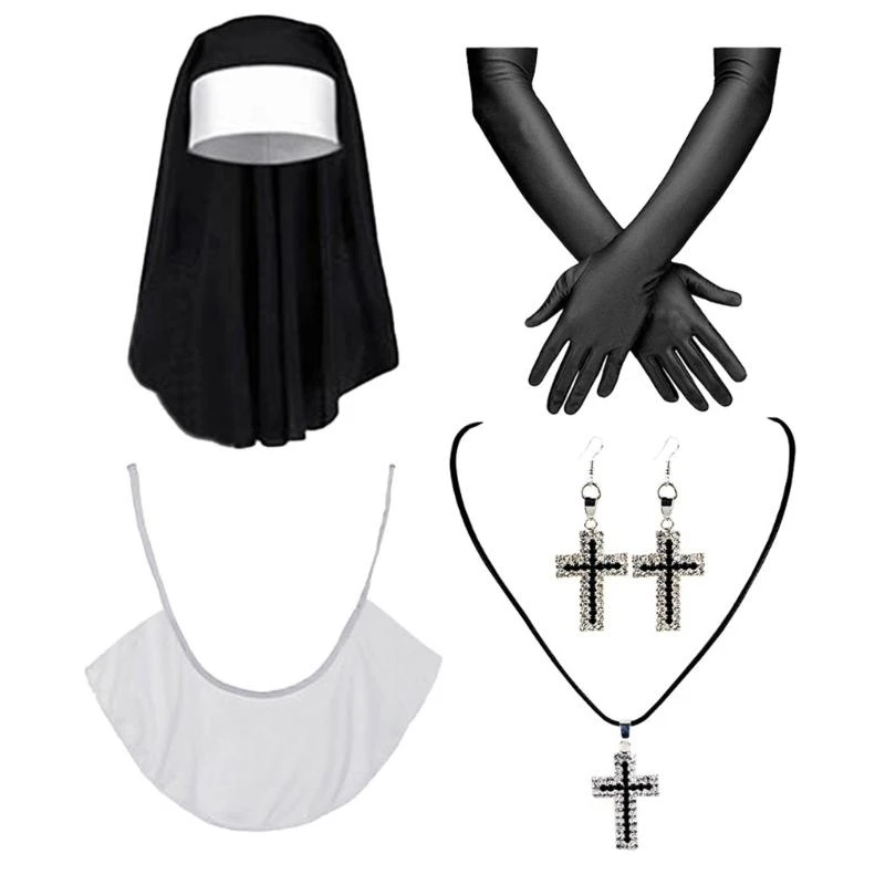 5asd แม่ชีเครื่องแต่งกายฮาโลวีนคอสเพลย์อุปกรณ์เสริม Headpiece ข้ามจี้สร้อยคอถุงน่องฮาโลวีนเครื่องแต่งกาย