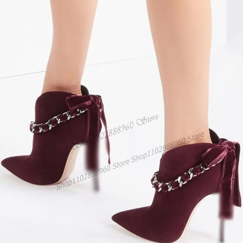 

Burgundy Flock Ribbon Chain Decor Pumps Stilettos High Heel Women Shoes Slip-On Pointed Toe 2023 Fashion Zapatos Para Mujere