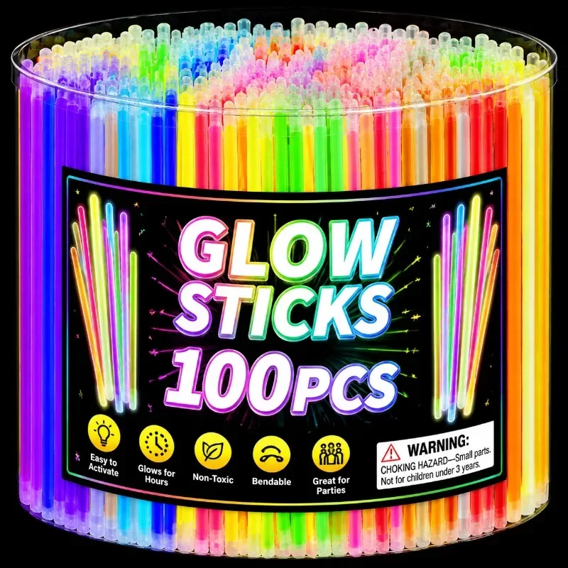 100PCS Fluorescence Glow Sticks Multicolor Bendable Light Sticks Bracelets Necklace Connector Birthday Party Halloween Decor