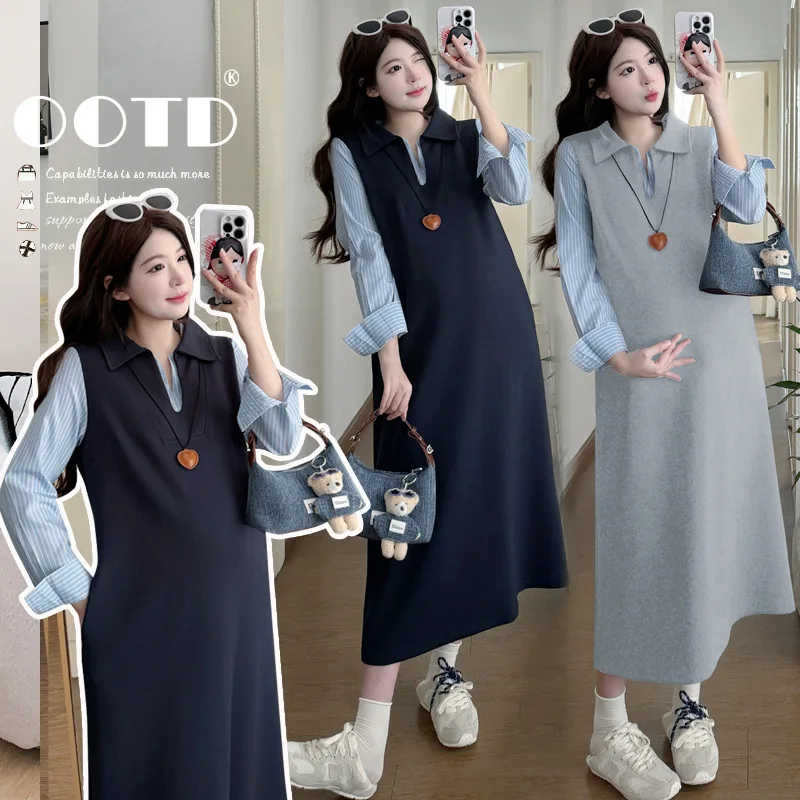 

Платье для беременных весна-осень 2026, полосатое, с длинными рукавами, воротником-лацканом, имитация двух частей, минималистичное, универсальное, для беременных