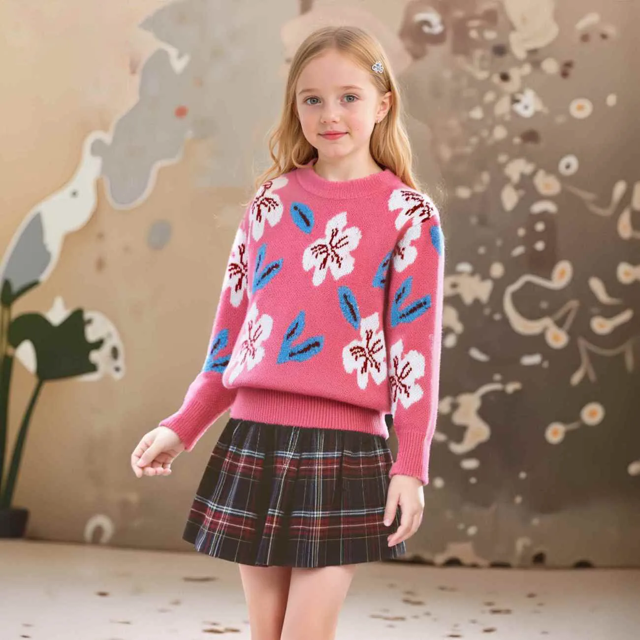 Mädchen Vintage Jacquard Pullover, Neuer Herbst-Winter Vielseitiger Pullover für Kinder und Ältere Kinder – Detail 2