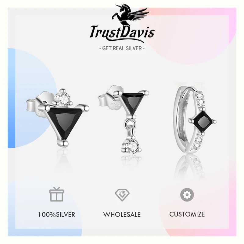 TrustDavis Reale 925 Sterling Silver Moda semplice Triangolare Nero Singolo Impilato Orecchino per Le Donne Ragazze Regalo Dei Monili DS4743
