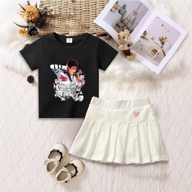 Vintage Michael Jackson Graphic T-shirt Shorts Pleated Skirt Set Fashion Printed Summer Casual Girls Birthday Clothe Gifts Tops
