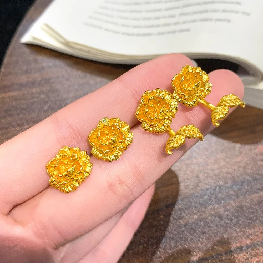 Chisel three-dimensional rich flower earrings national color senior sense detachable earrings 9999gold