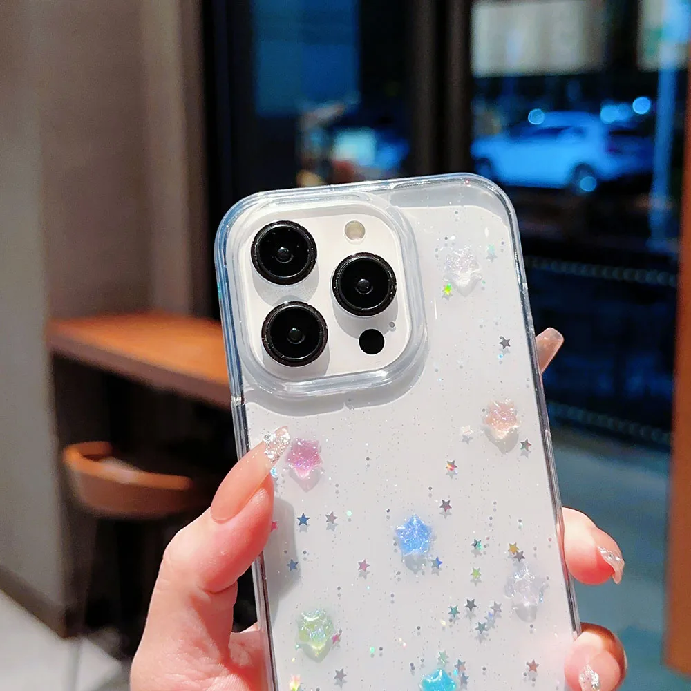 3D Crystal Star Luminous Noctilucent Stars Glitzerhülle für iPhone 16 15 14 Plus 13 11 12 Pro Max Plus Pailletten Bling Clear Cover – Detail 8
