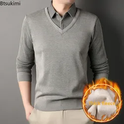 2026 Autumn Winter Men's Warm Sweater Velvet Thick Fleece Warm Fake Two Piece Shirt Classic Fashion Male Pullover Casual Shirts