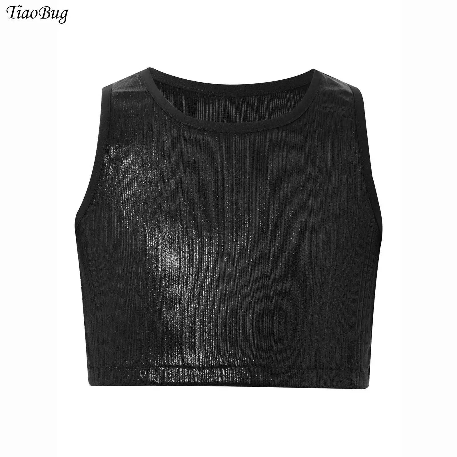 

Kids Girls Jazz Latin Dance Top Camisol Sleeveless Round Neck Metallic Ribbed Vest Crop Top Hip Hop Stage Performance Costume