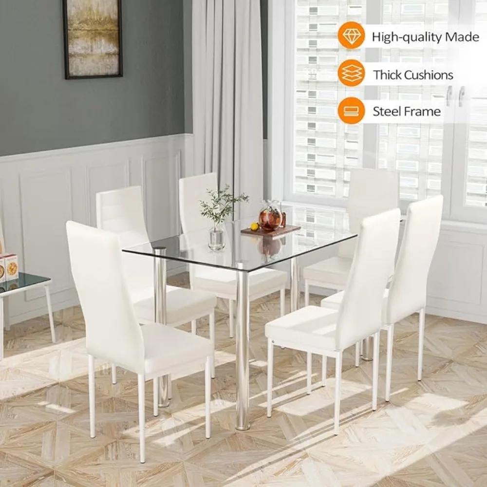 7 Pieces Dining Table Set Modern Glass Dining Table with 6 Faux Leather High Back Chairs White Dinner Set for Dinin