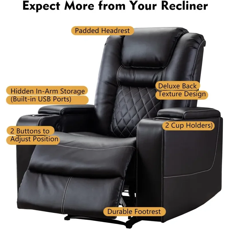 Electric Power Recliner Chair with USB Ports and Cup Holders Breathable Leather Home Theater Seating with Hidden Arm Storage - view 6