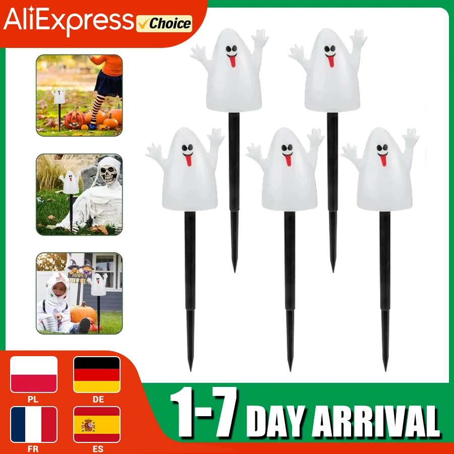 

New 5PCS in 1 String Light Solar Halloween LED Outdoor Waterproof Ghost Stake Lights for Outdoor Pathway Yard Garden Decoration