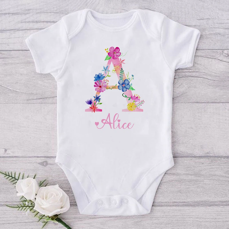 Personalized Baby Name Bodysuit Custom Floral Initial Letter for Girls Toddler Jumpsuit Pink Playsuit Newborn Infant Shower Gift