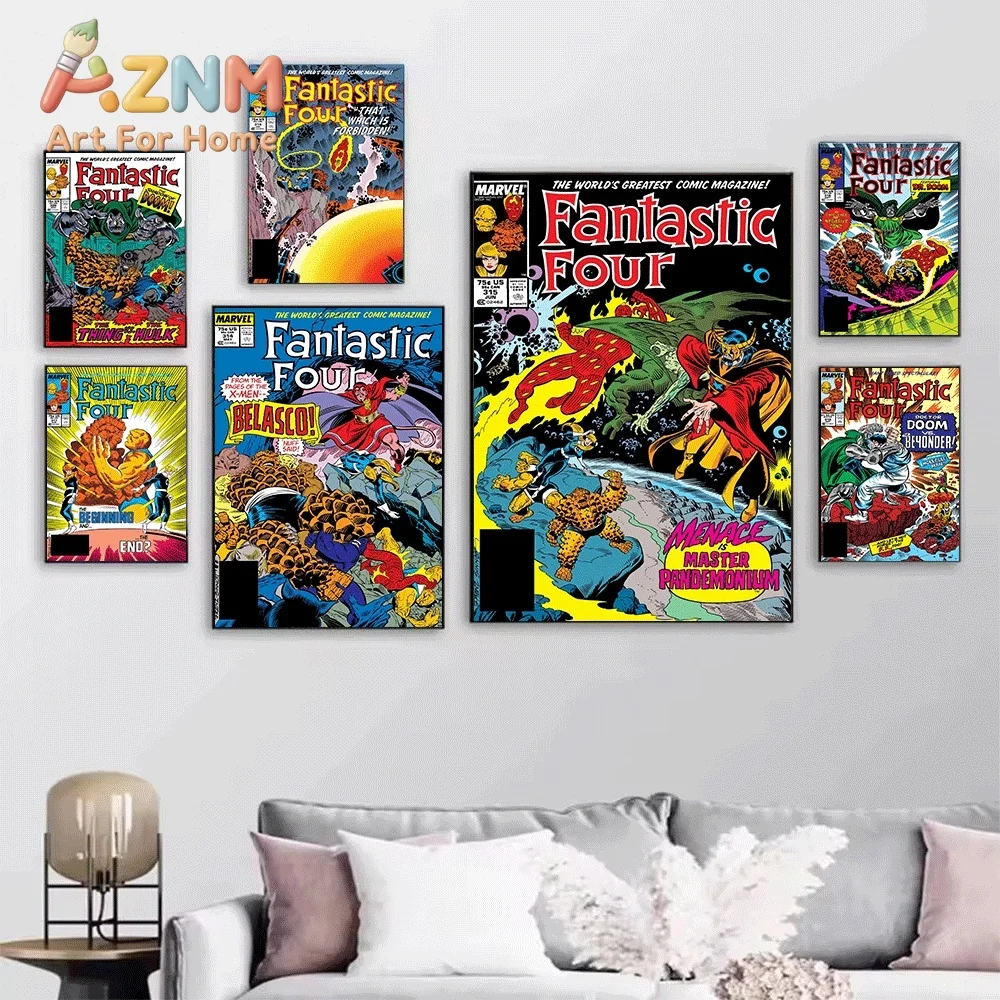 AZNM Fantastic Four I Want To Die Vintage Comic Cover Collage Canvas Wall Art Unframed Print, Superhero Poster for Bedroom Liv