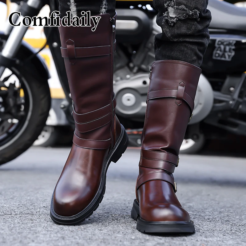 Western Fashion Comfortable Side Zipper Anti Slip Men's Boots Motorcycle Boots Brand New Mens Outdoor Warm and Casual Long Boots