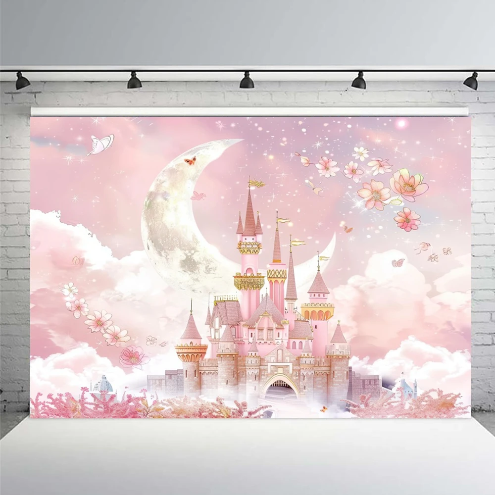 Rainbow Castle Photography Backdrops Gold Glitter Unicorn Moon Colorful Clouds Baby Shower Girls 1st Birthday Photo Background
