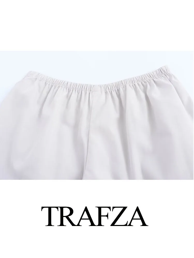 TRAFZA Women Summer Side Pockets Elastic Waist Slim Casual Shorts Woman Elegant Jewelry Decorative High Waist Loose Shorts