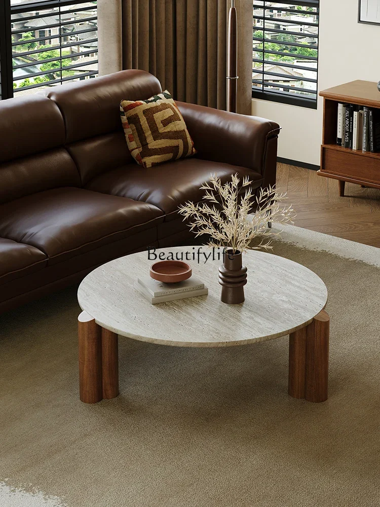 

Medieval style solid wood travertine round coffee table simple light luxury wabi sandy style retro small round table