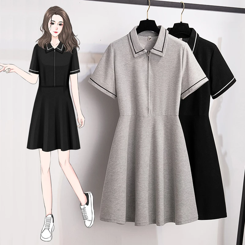 EHQAXIN 2022 Summer New Ladies Dress Simple Fashion POLO Shirt Zipper Cardigan Short Sleeve Dress Female Versatile Style XL-5XL