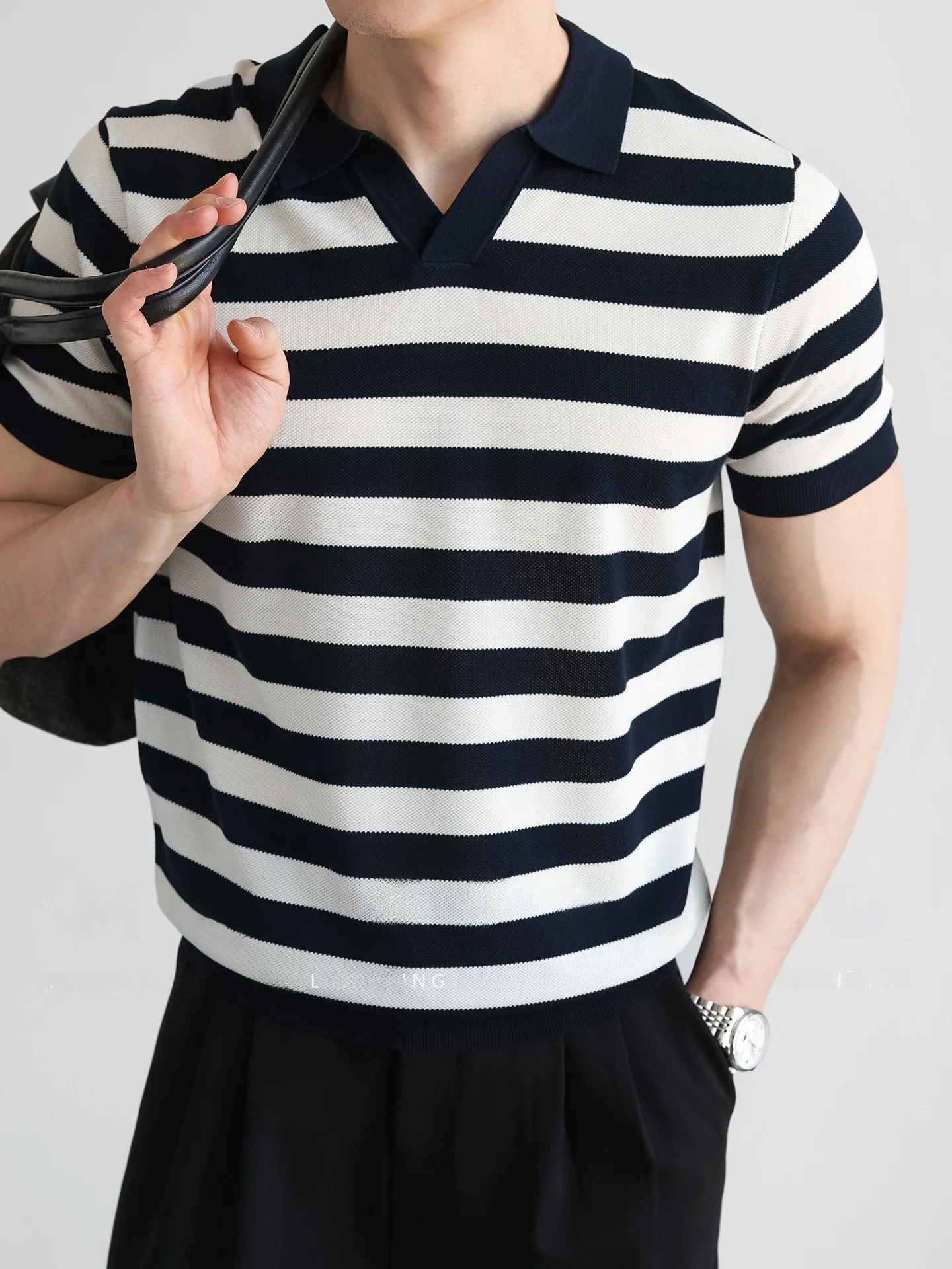 Men's Knitted  Shirt 16 Needle Mixture of Lyocell Summer Commute Breathable Striped Sea Soul Knitwear Standard Fit Short ...
