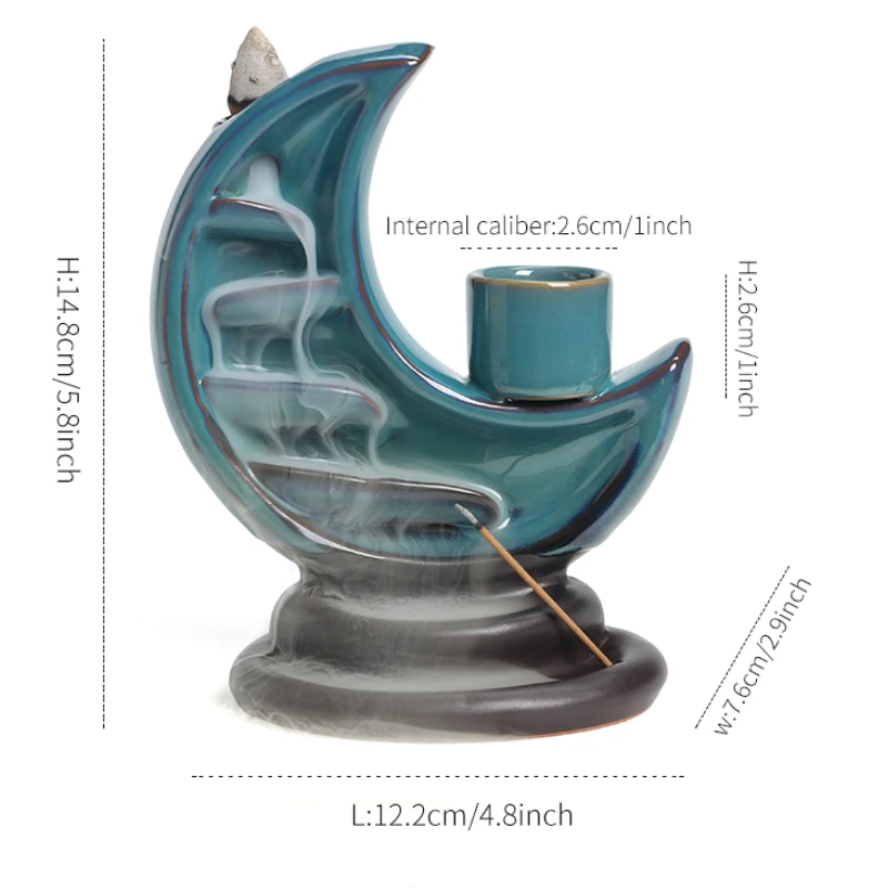 1pc 3 in1 Ceramic Moon Waterfall Incense Burner with Backflow Feature Candle Holder & Incense Stick Burner (Without Incense）