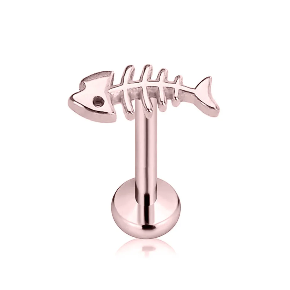 ASTM F136 G23 Titanium Fish Bone Threadless Piercing Pin Push in Lip Stud Daith Conch Tragus Flat Back Earring 16G 18G 20G