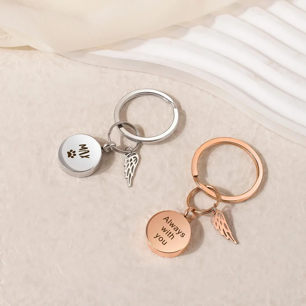 Round Urn Pendant Keychain with Angel Wing for Ashes Stainless Steel Cremation Memorial Jewelry Custom Name Paw Text view 2