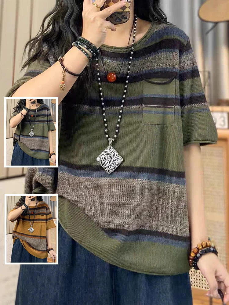 

Loose Knitted Striped T-irt ort Sve round Ne Single ket Casual Versatile Large Size Women's Top Artistic Sle