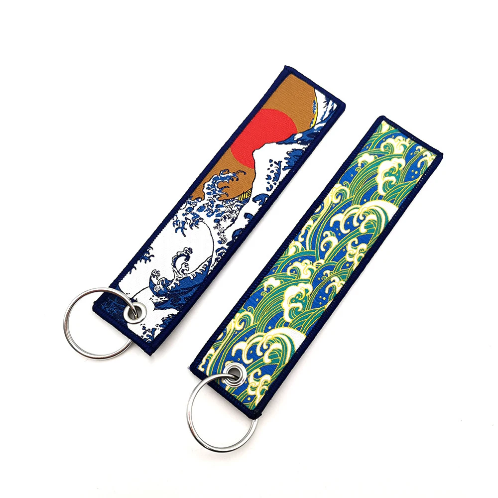 JDM Ocean Waves Fabric Double Embroidery Car Motorcycle Keychain Keyring Personality Fashion Cloth Key Tag Holder Accessories
