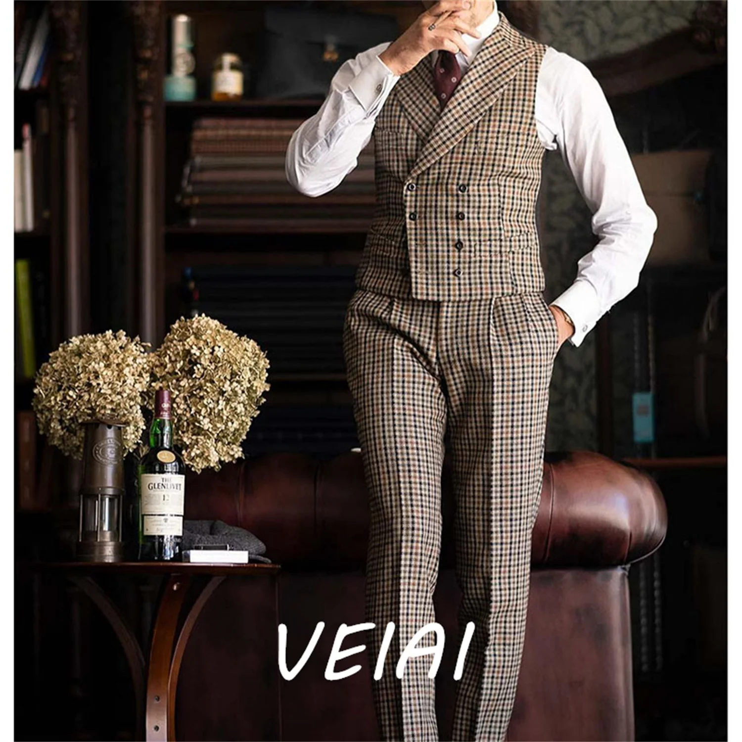 

CustomizedMen Suit Blazer Plaid Pattern Notched Lapel Double Breasted Three Pcs Formal Business Blazer Wedding Jacket Vest Pants