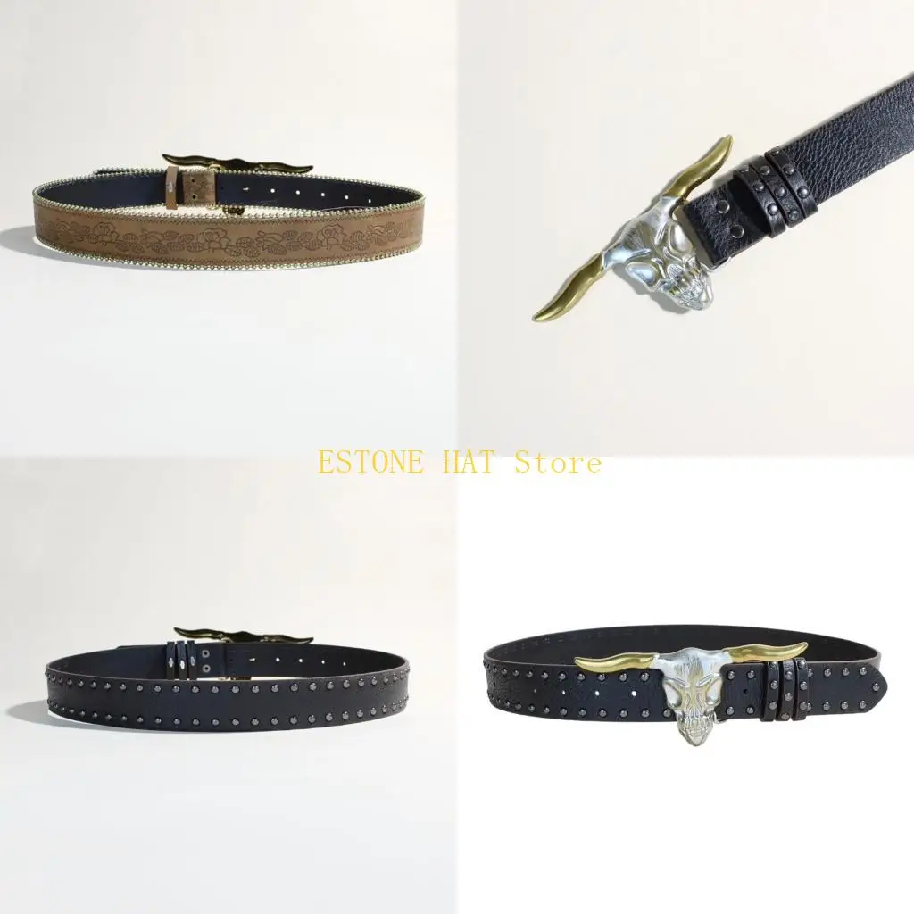 49MF PU Leather Punk Cowboy Belt Metal Buckles Western Styles Adjustable Waiststrap