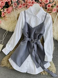 Spring Summer Fashion Temperament Irregular Lace Sling Stitching Two-piece Medium-length Solid Color Shirt C159