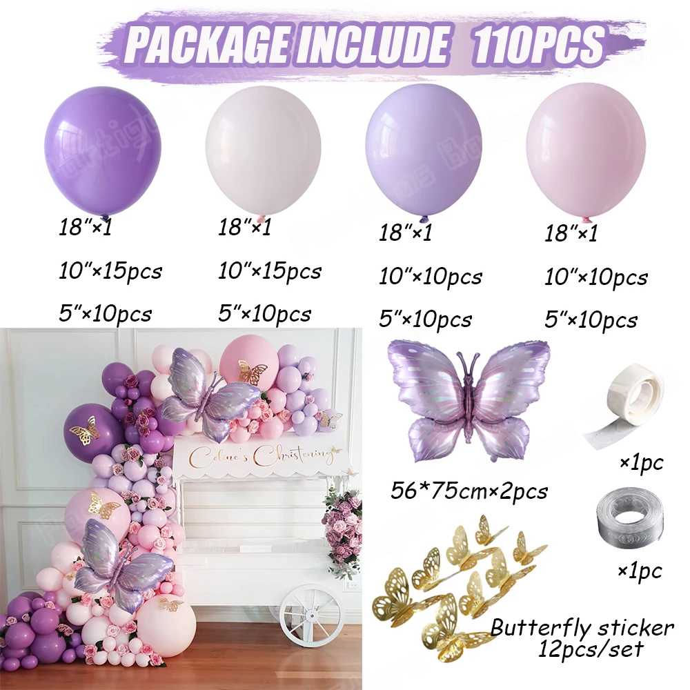 110pcs Macaron Pink Purple Butterfly Balloons Garland Arch Kit Girl Baby Shower Wedding Butterfly Birthday Party Decor Globos