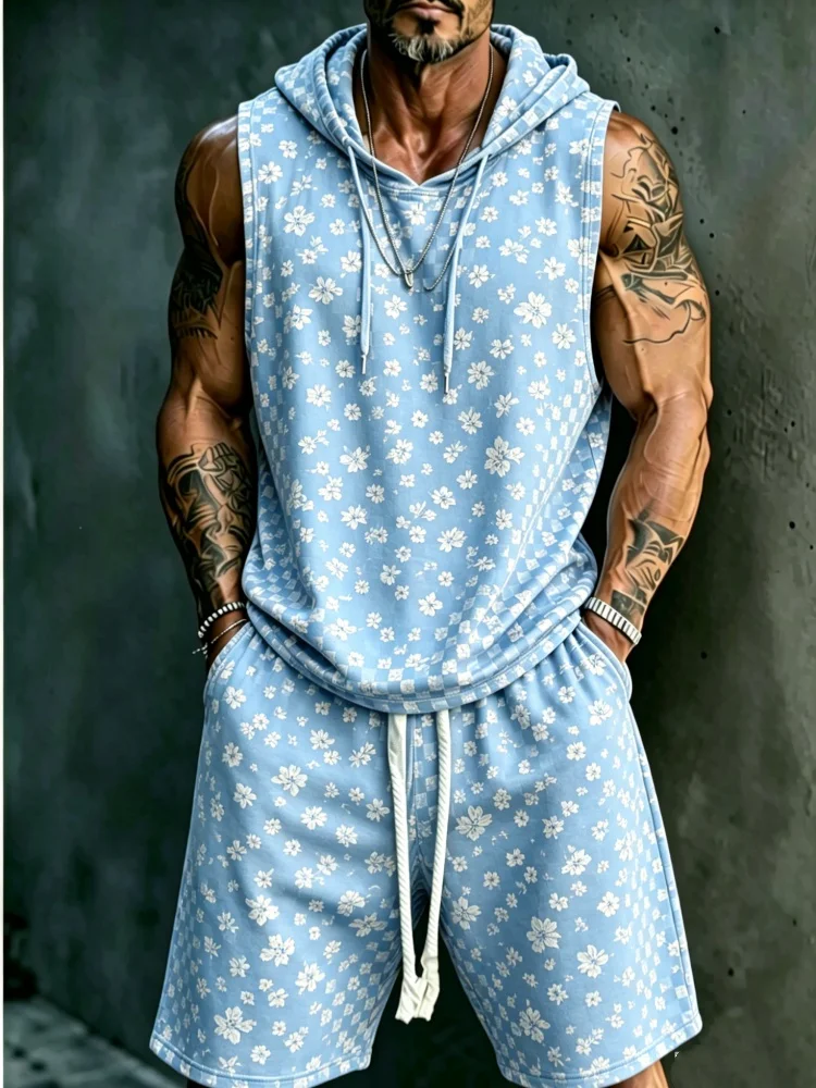 

Men's Sleeveless Hooded Tank & Shorts Set, Loose Comfort Light Blue Floral Print Casual Streetwear