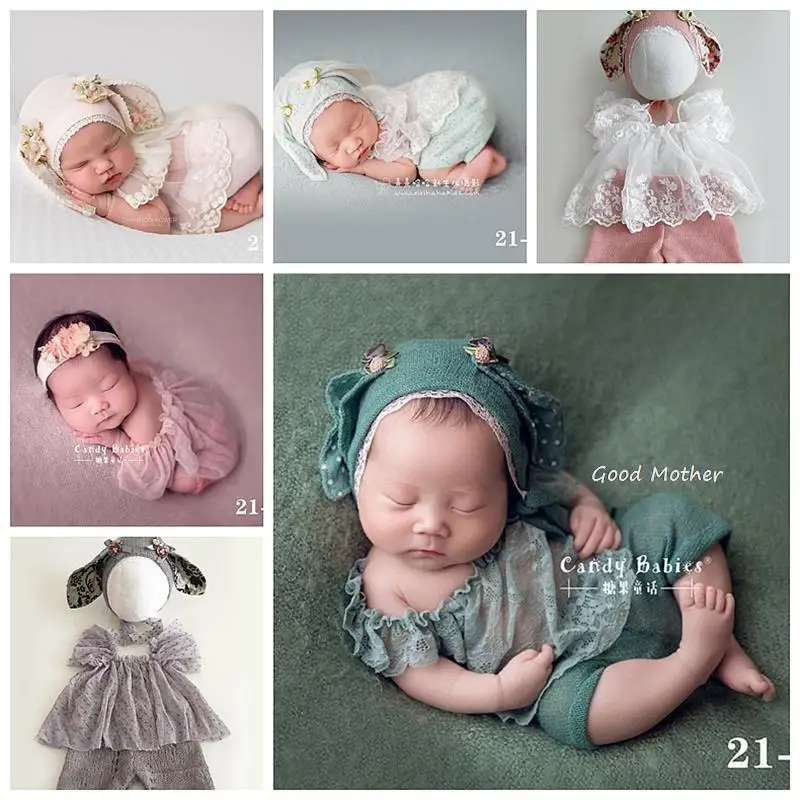 Baby Bow Lace Romper Headband Set Newborn Photography Props Bodysuit Jumpsuit with Flower Hair Band Costume