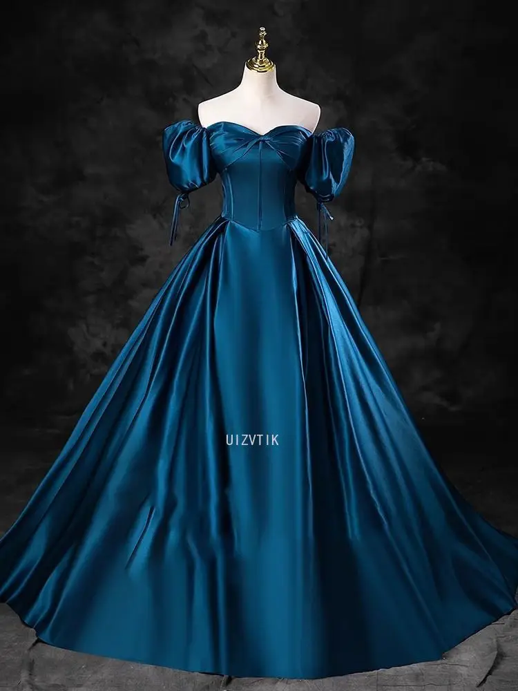 

Light Luxury Satin Long Party Evening Gown Women Blue Off-Shoulder Puff sleeve Formal Dress Customized Elegant A-Line Prom Dress