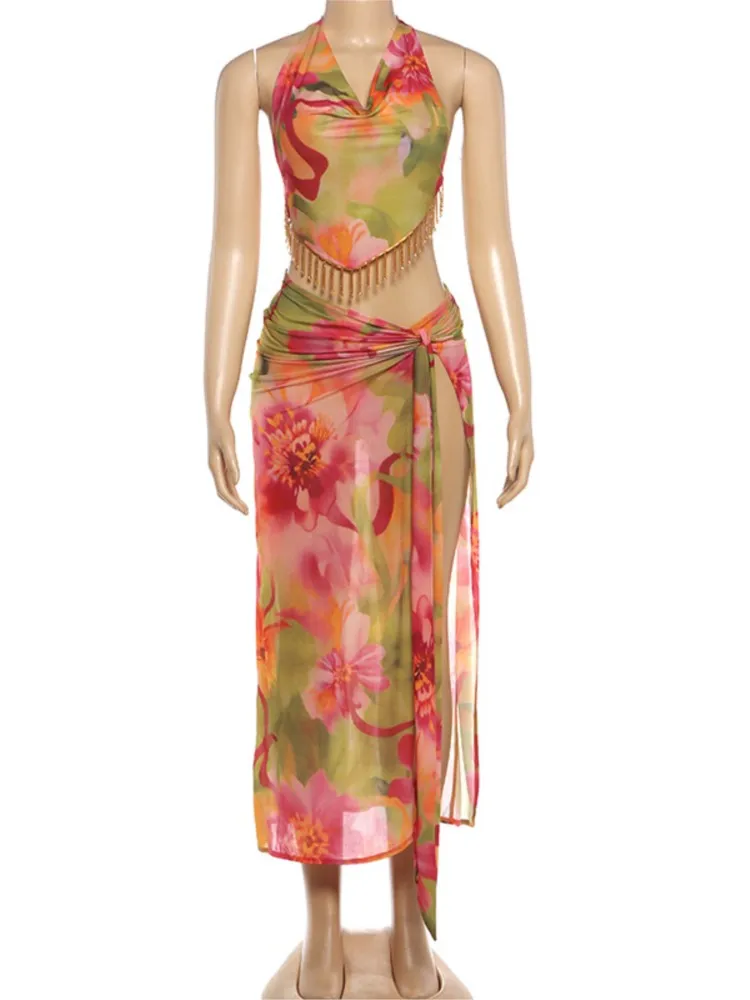 

Ретро-бикини с принтом, модный комплект из 3 предметов: купальник и накидка с юбкой, облегающий, женский, на завязках, летний, пляжный, роскошный, элегантный