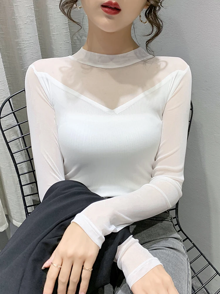 Spring Autumn 2024 New Sexy Half High Neck T shirt Fashion Mesh Bottoming shirt Women Long Sleeve Black Casual Top