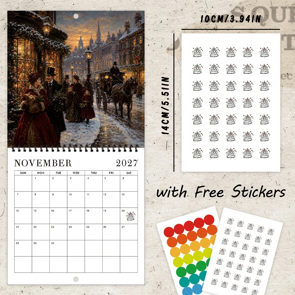 1pc 2027 Victorian Christmas Wall Calendar,12‑Month Planner,Gift For Back‑to‑School,Christmas,New Year,Free Stickers Included