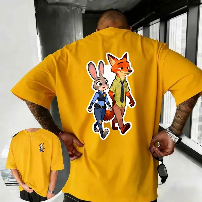 

2025-26 Summer Disney Zootopia Cartoon Hip Hop Pattern 100% Cotton Printed T-shirt New Animation Fashion Sports Men's T-shirt