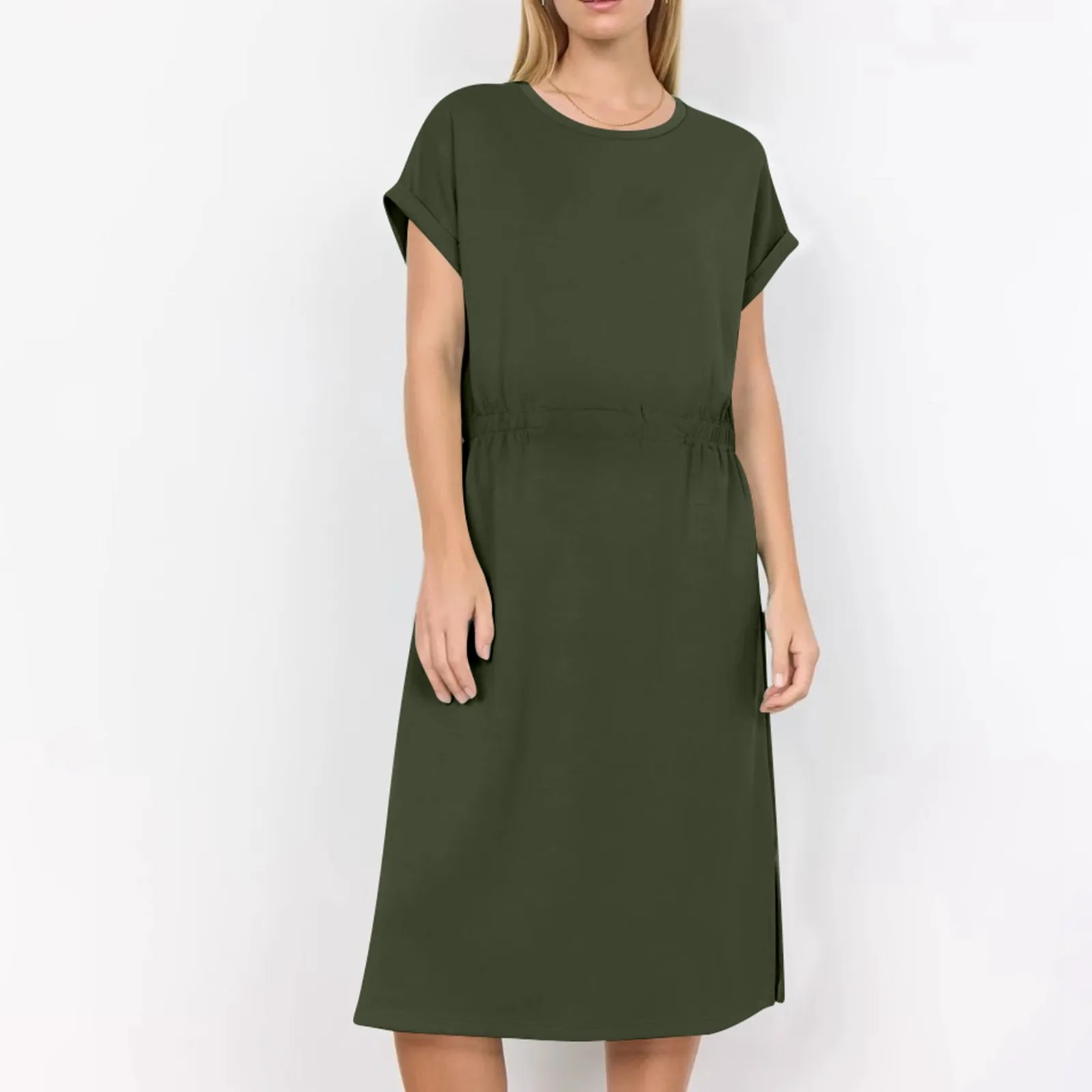 Casual Dress For Women Summer O-Neck Splicing Pocket Dresses Vestido Fashion Female Clothing Short Sleeve Loose Midi Dress