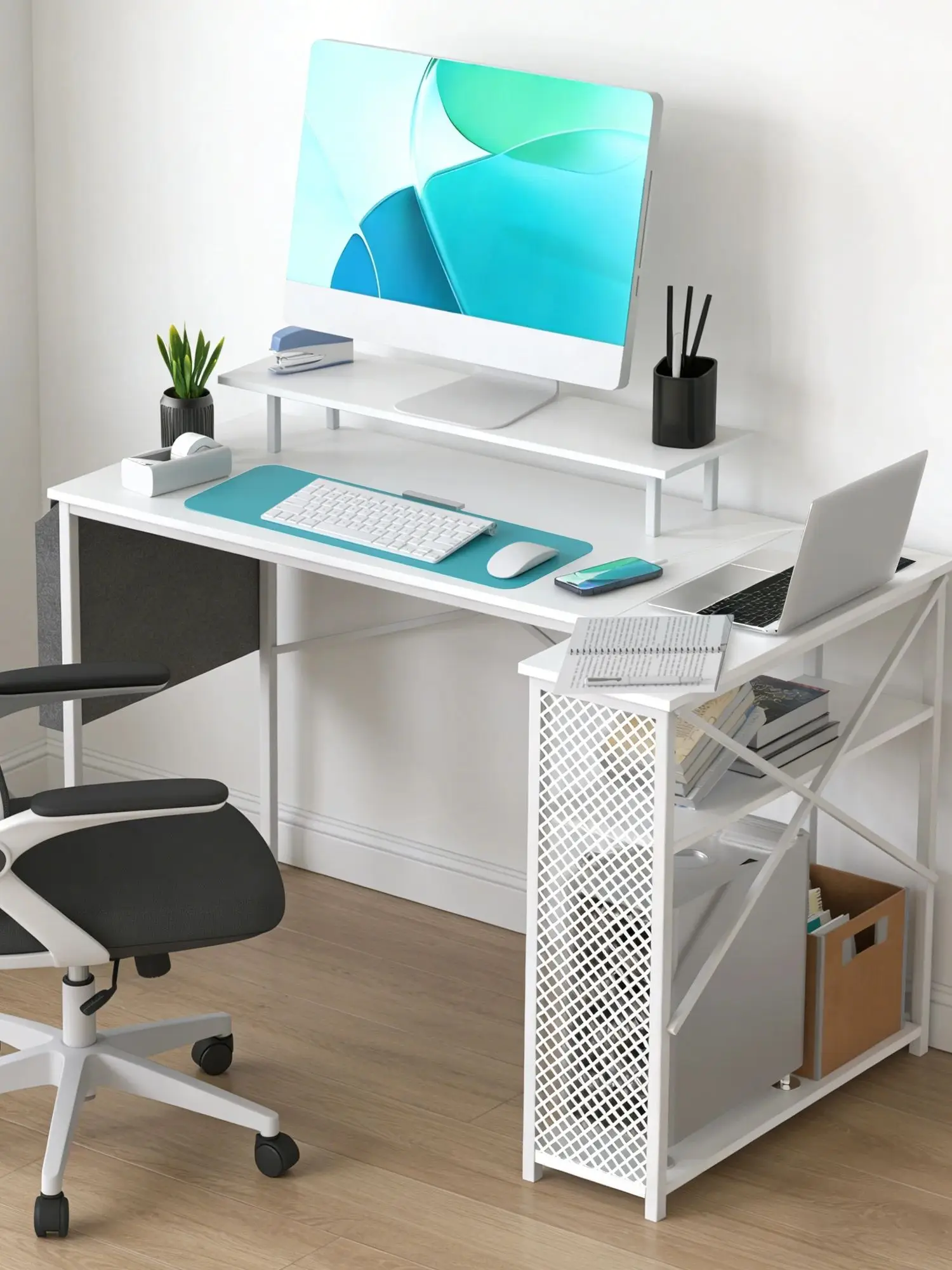 100/120 x 70 x 75 cm L-förmiger Gaming-Schreibtisch, Eck-Computertisch mit Monitorablage, Steckdose und USB-Anschluss, schwarz/weiß/braunes Holz