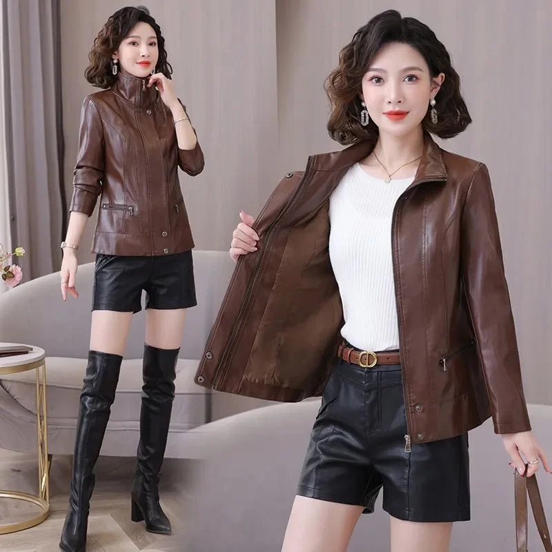 Leather Coat Ladies 2025 New Spring Autumn Windproof Waterproof High-Quality PU Jacket Women's Short Overwear Fashion Overcoat 6