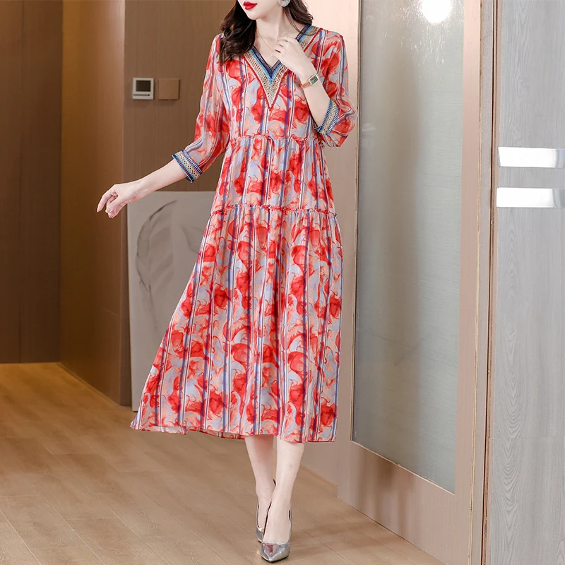 

Spring Summer Fashion Light Mulberry Silk Maxi Dress Women Floral Elegant Bodycon Casual Dress 2023Korean Vintage Party Vestidos