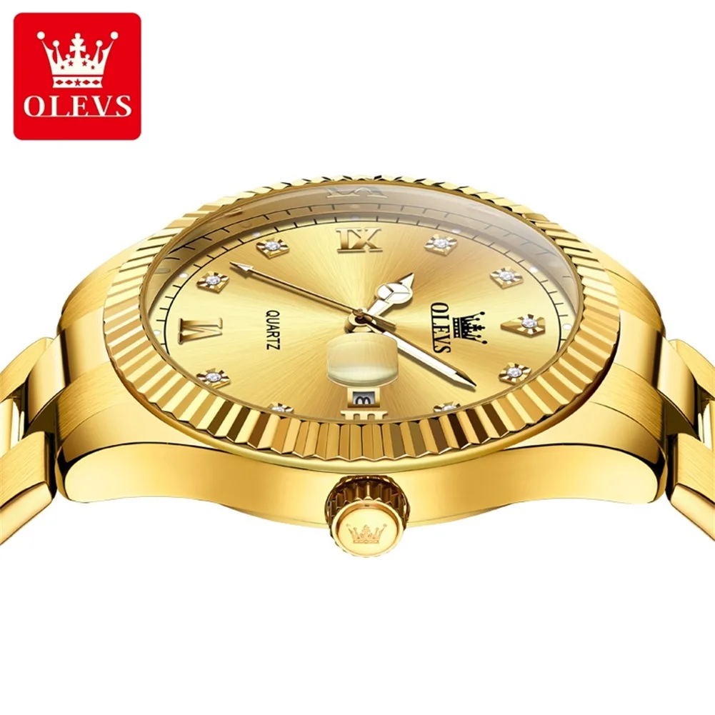 OLEVS Brand Luxury Gold Quartz Watch for Men Stainless Steel Waterproof Luminous Fashion Calendar Mens Watches Reloj Hombre