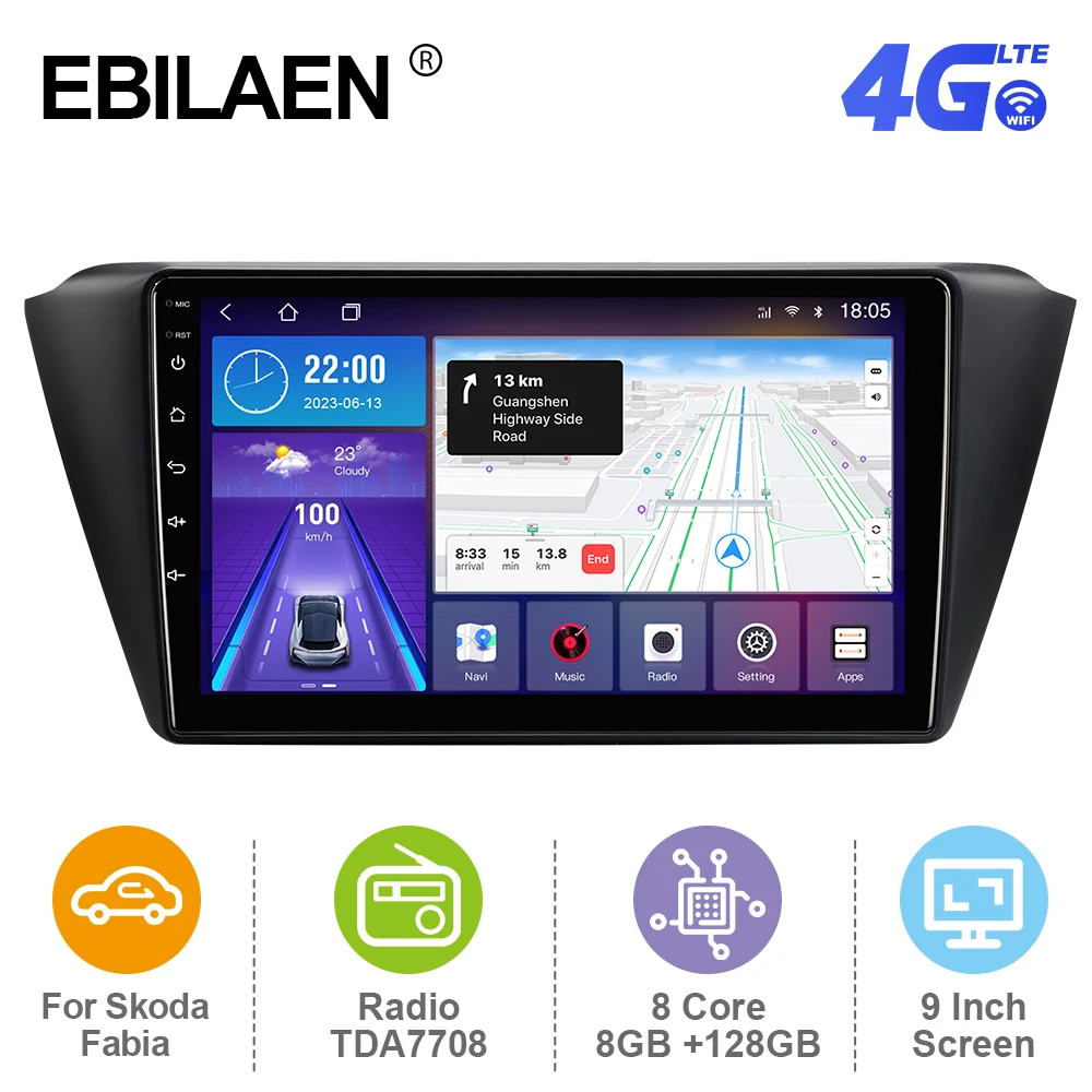 

EBILAEN Android 12 Car Radio Multimedia Player For Skoda Fabia 2015 2016 2017 2018 2019 GPS RDS Navigation Carplay Autoradio 4G