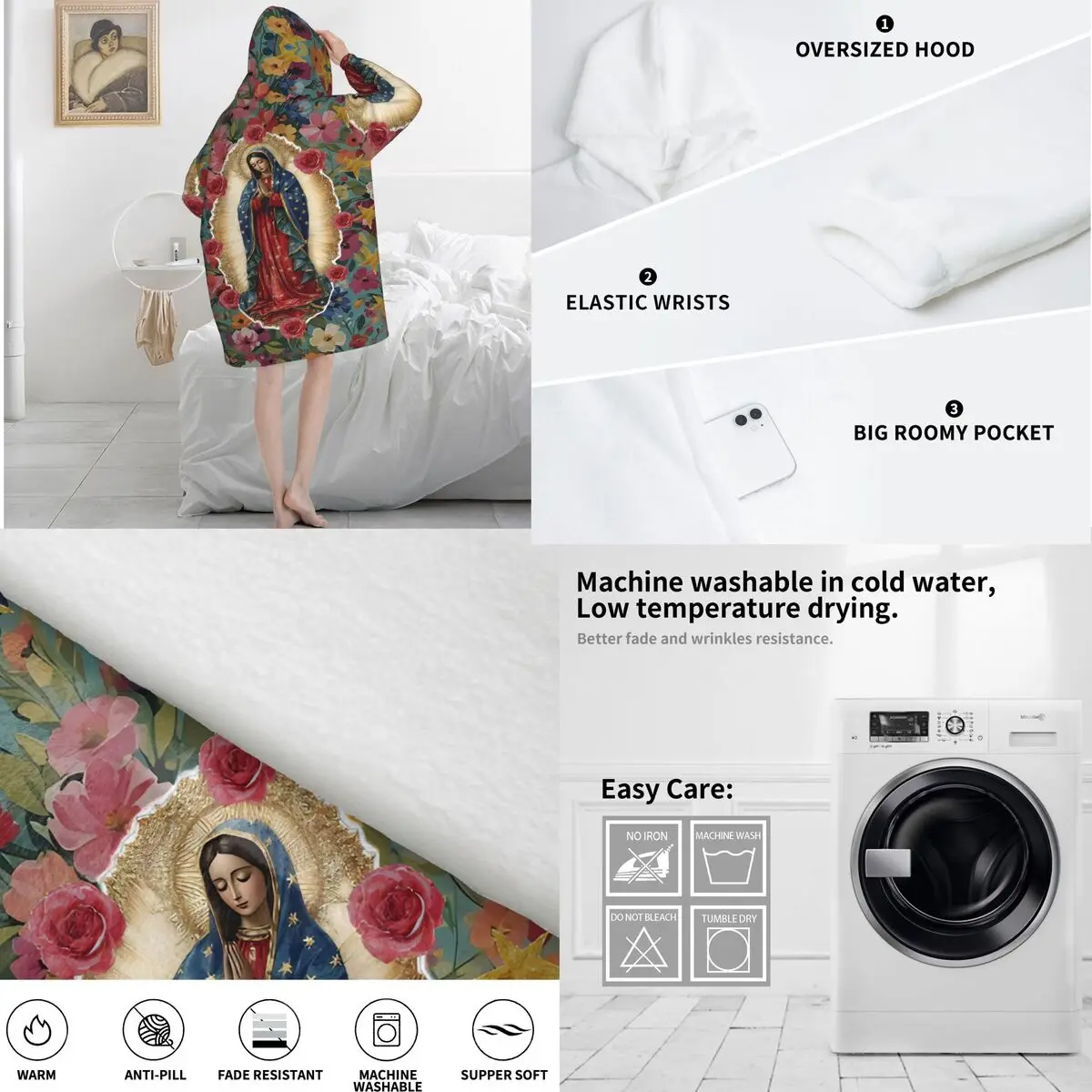 Oversized Virgin Our Lady Of Guadalupe Mexican Wearable Blanket Winter Ultrasoft Plush Warm Sweatshirt Blankets With Pocket - view 6