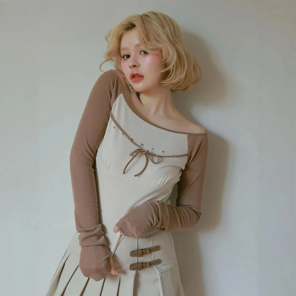 

Spring Summer New Sweet Versatile Color Tops Japanese Pure Desire Style Elastic Slim-fitting Lace-up Short Long-sleeved T-shirt