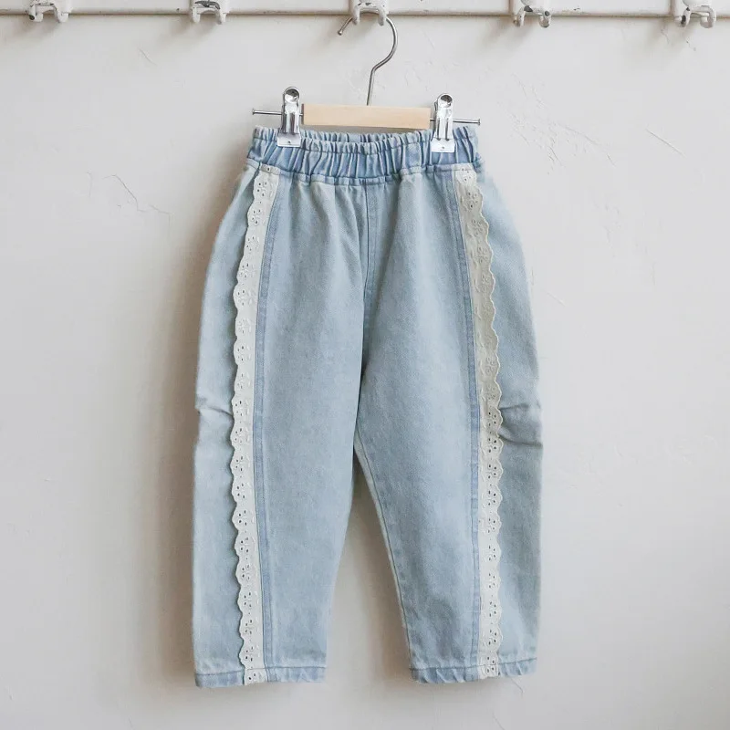 

Fall 2025 Korean Style Children's Girls Fashionable Lace Trim Casual Straight Leg Jeans New Arrival Long Pant
