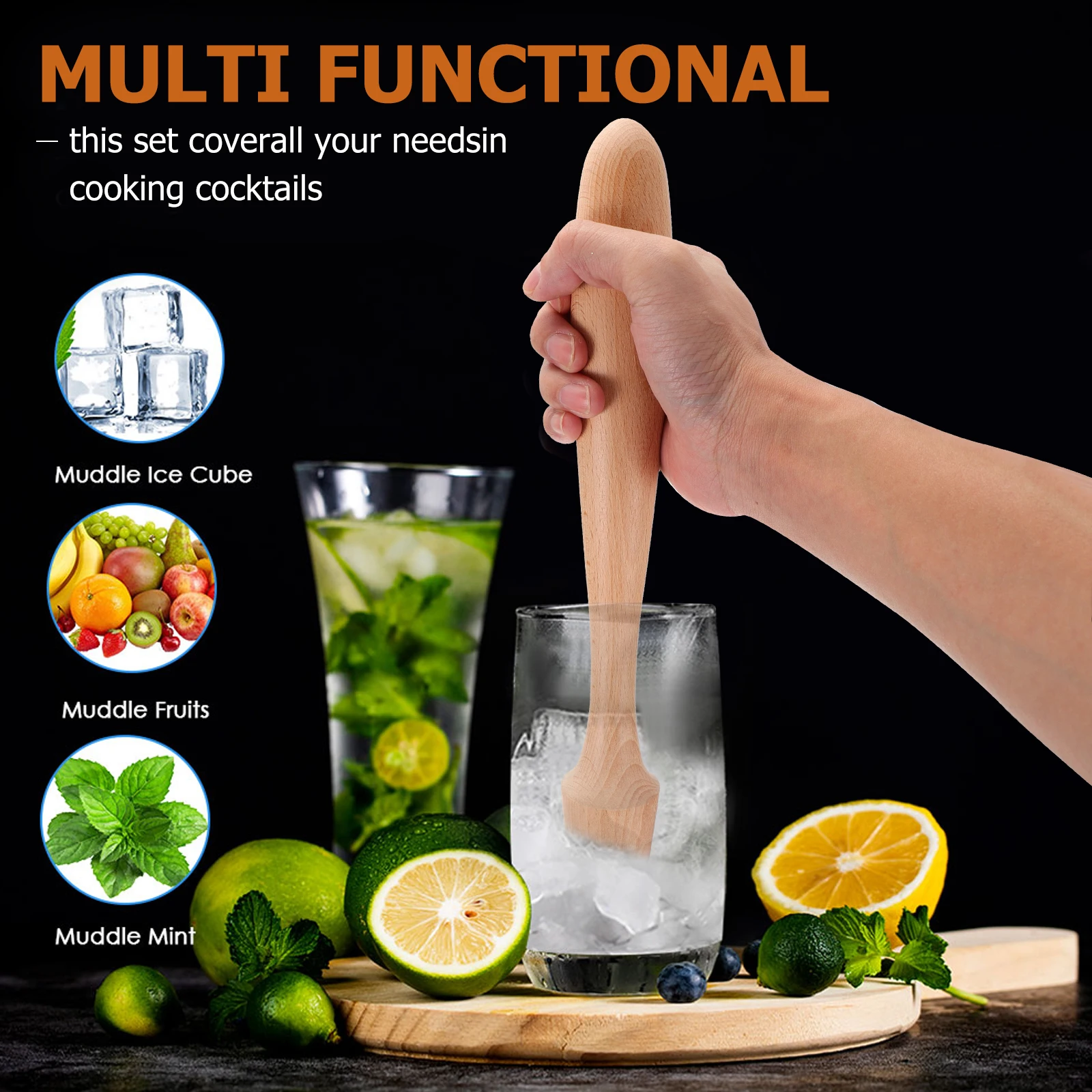

1Pcs Wooden Ice Mallet Natural Cocktail Mixer Bar Muddler Tool for Crushing Fruit Sugar Herbs Ice Muddler